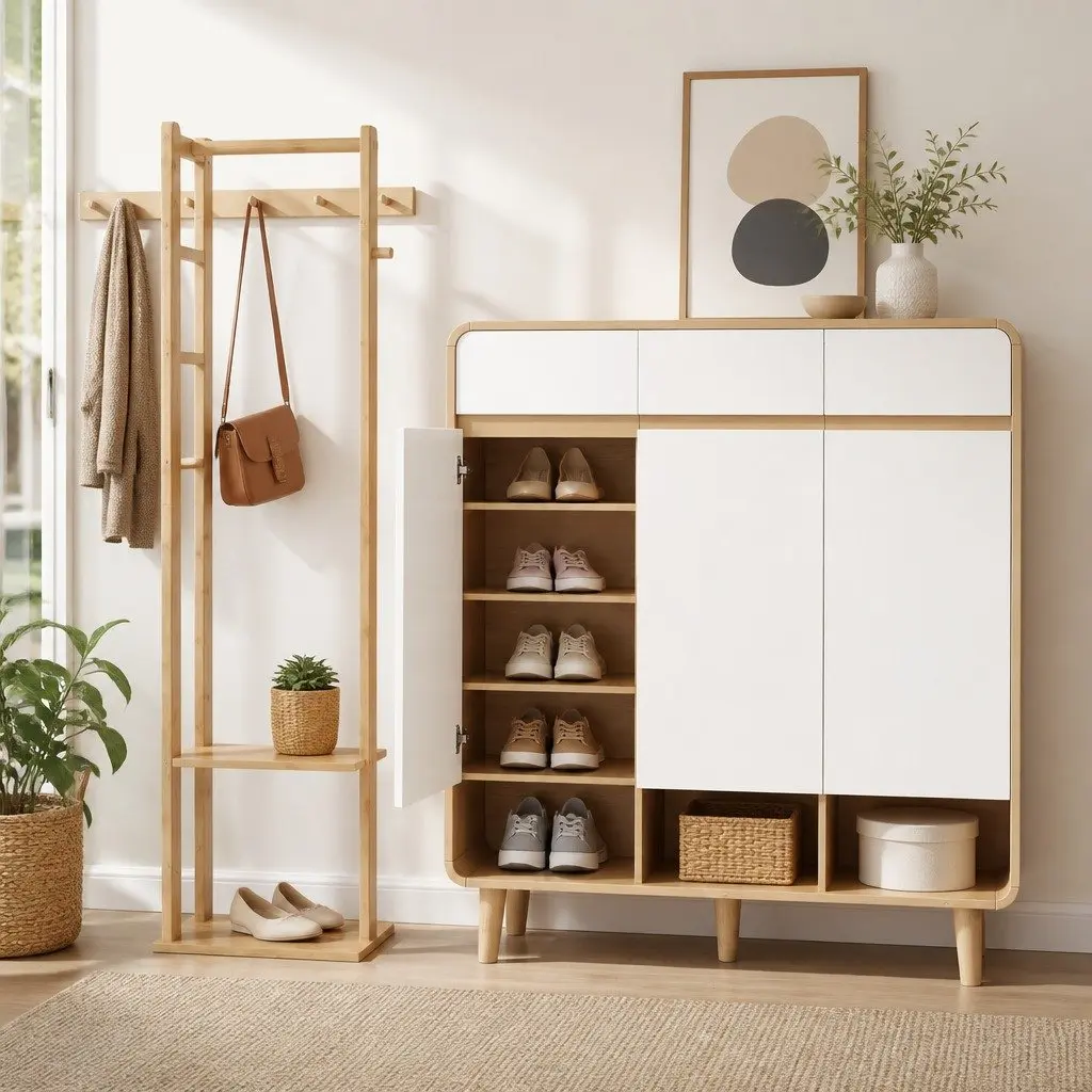 Shoe Storage Cabinet Bamboo Clothes Rack Set 2 Piece White Pine