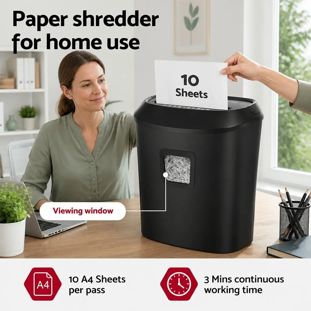 Electric Paper Shredder Cross-Cut 10 A4 Sheets 21L Capacity Home Office Document Destroyer