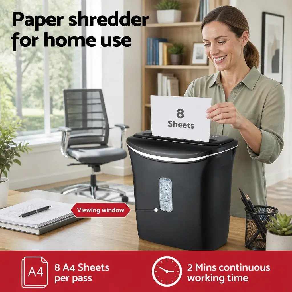 Cross-Cut Paper Shredder 12L Bin 8-Sheet Home Office Credit Card Shredder