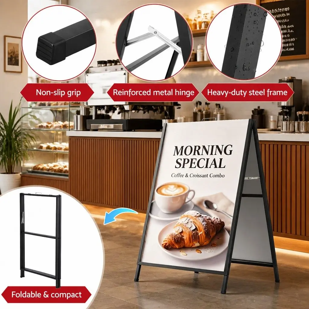 A1 Frame Sign Stand Double Sided Heavy Duty Steel Outdoor Advertising Display 60cm W x 62cm D x 96cm H