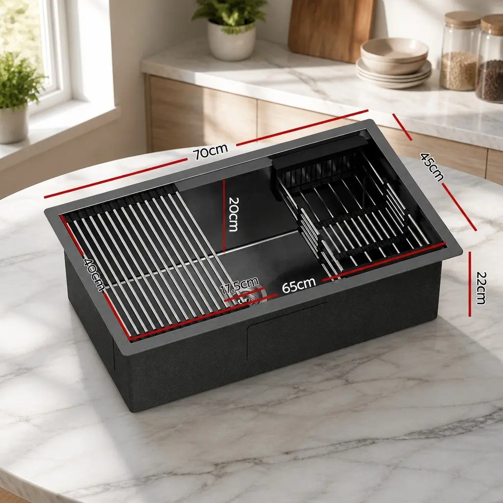 Stainless Steel Kitchen Sink Black Single Bowl 70x45cm with Integrated Drain Rack and Basket