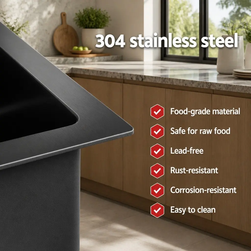 Stainless Steel Kitchen Sink Black Single Bowl 70x45cm with Integrated Drain Rack and Basket