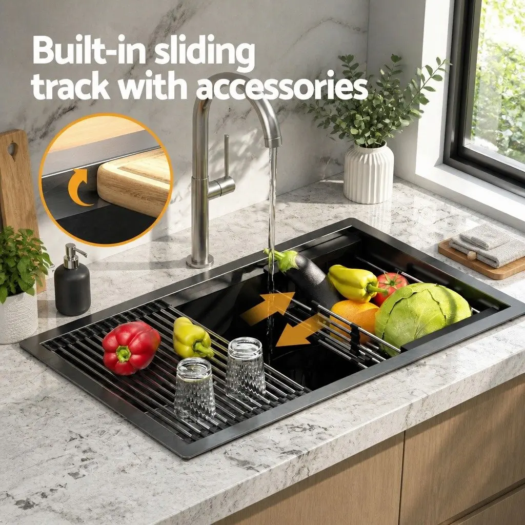 Stainless Steel Kitchen Sink Black Single Bowl 70x45cm with Integrated Drain Rack and Basket