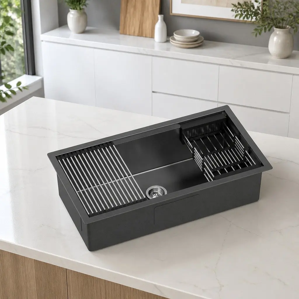 Kitchen Sink 81x45cm Stainless Steel Single Bowl Drain Rack Basket Black