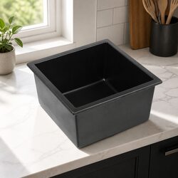 Black Granite Stone Kitchen Sink 45x45cm Single Bowl Undermount Flush Drop In