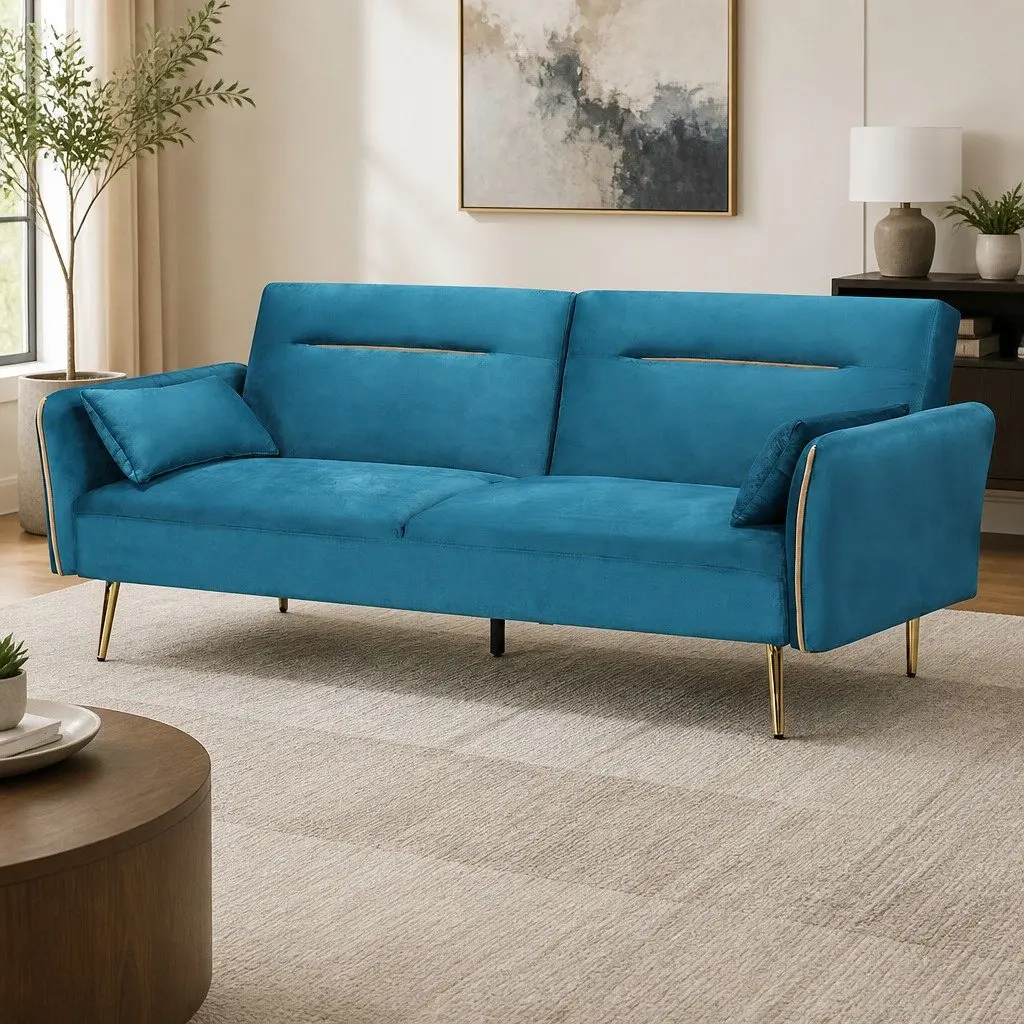 3-Seater Convertible Sofa Bed Futon Adjustable Backrest Peacock Blue