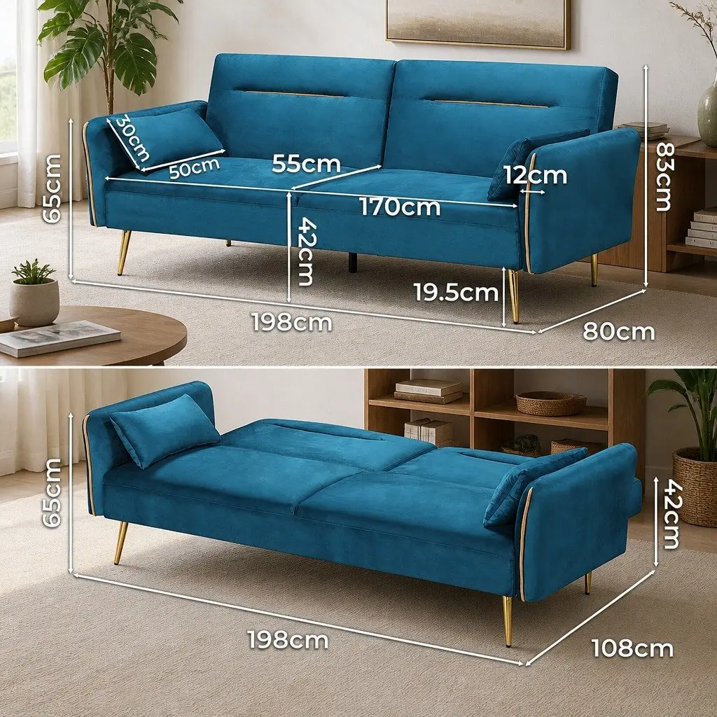 3-Seater Convertible Sofa Bed Futon Adjustable Backrest Peacock Blue