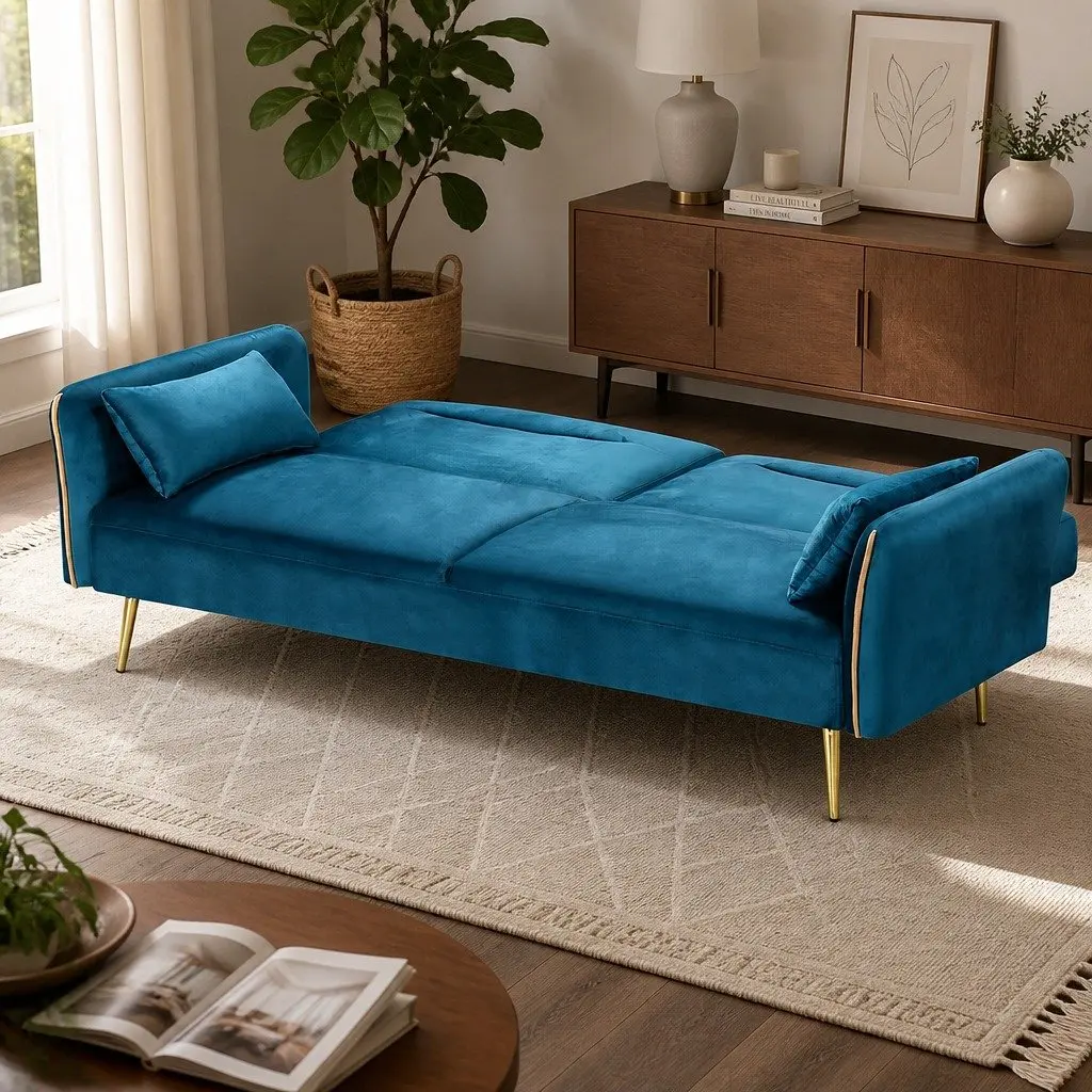 3-Seater Convertible Sofa Bed Futon Adjustable Backrest Peacock Blue