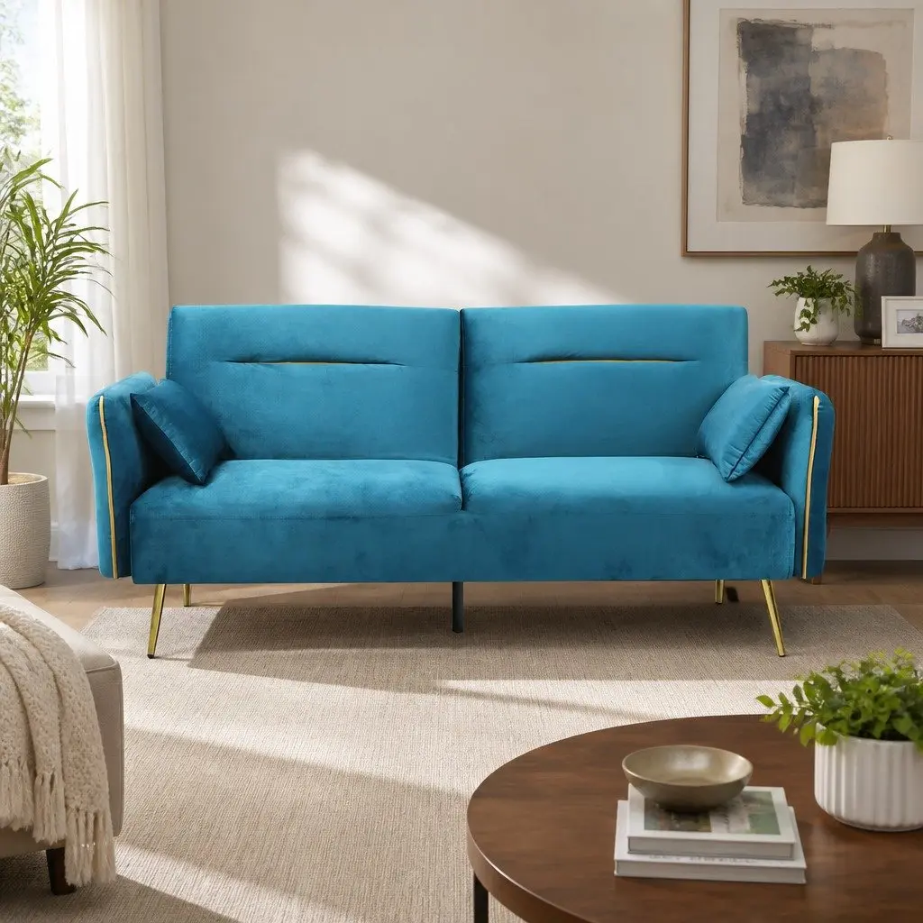 3-Seater Convertible Sofa Bed Futon Adjustable Backrest Peacock Blue