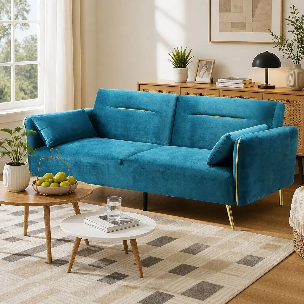3-Seater Convertible Sofa Bed Futon Adjustable Backrest Peacock Blue