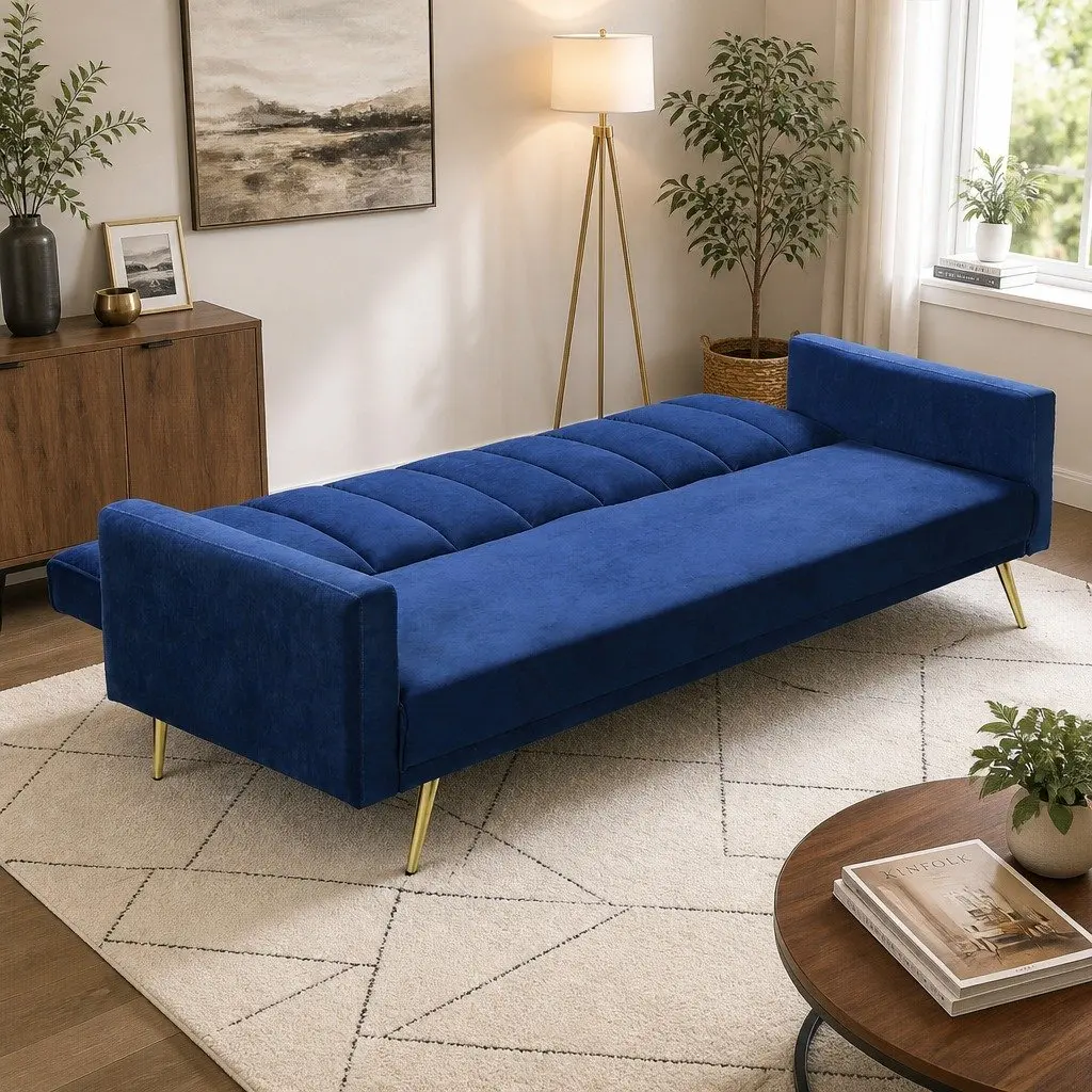 3 Seater Convertible Sofa Bed Velvet Lounge Recliner Fold Out Sleeper Couch Blue
