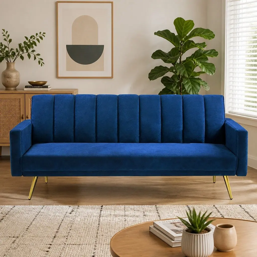 3 Seater Convertible Sofa Bed Velvet Lounge Recliner Fold Out Sleeper Couch Blue