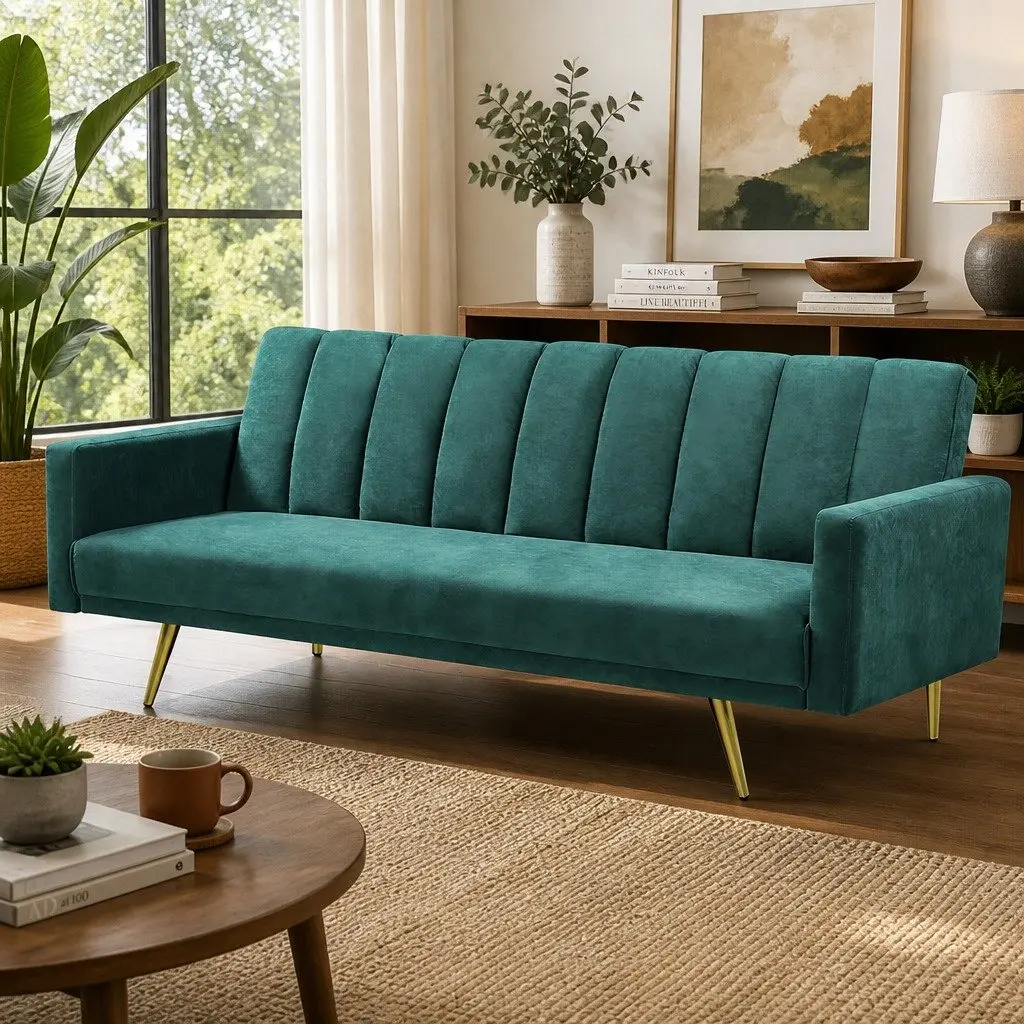 3 Seater Convertible Sofa Bed Adjustable Backrest Green