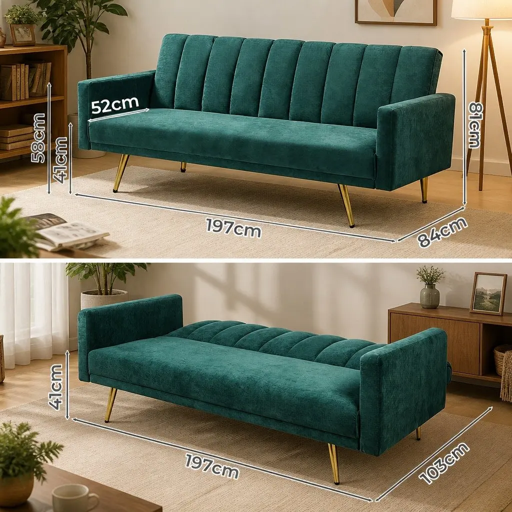 3 Seater Convertible Sofa Bed Adjustable Backrest Green