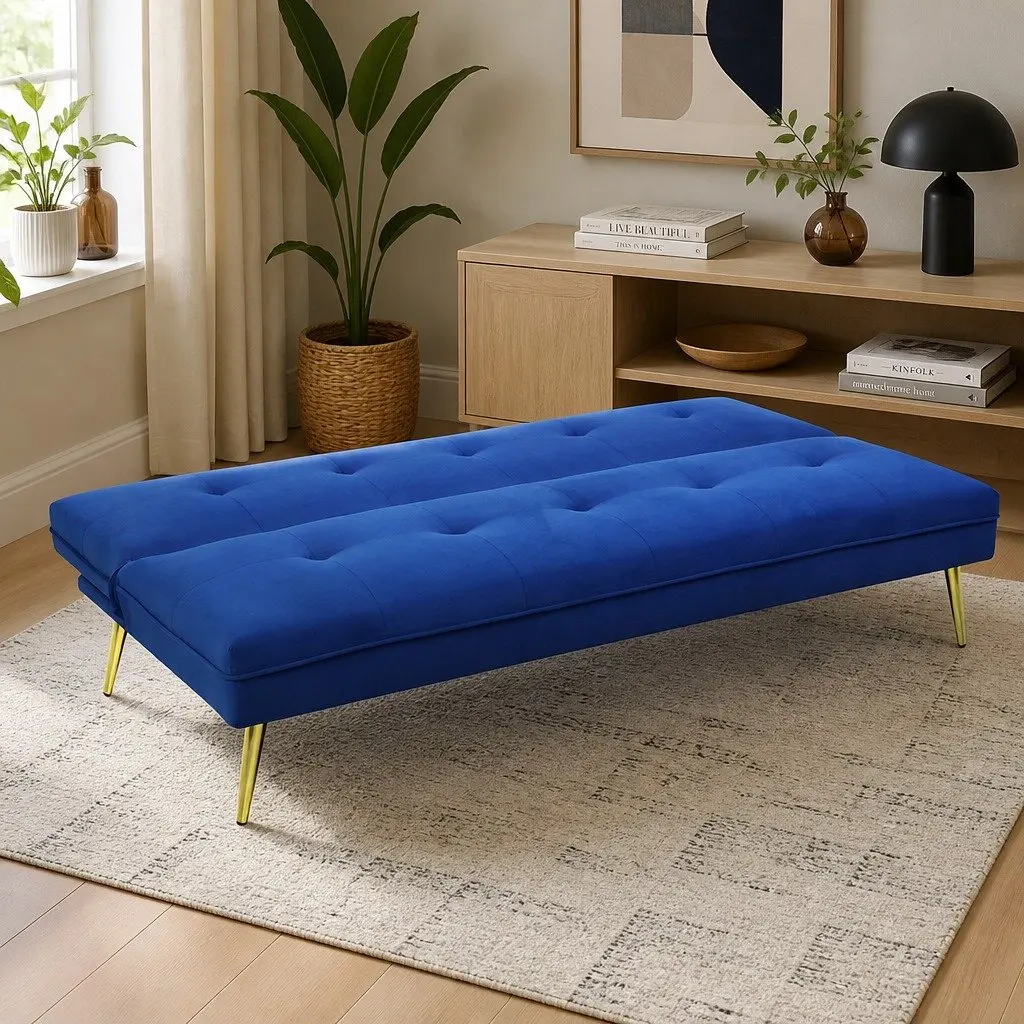 3 Seater Sofa Bed Convertible Velvet Adjustable Backrest Deep Blue