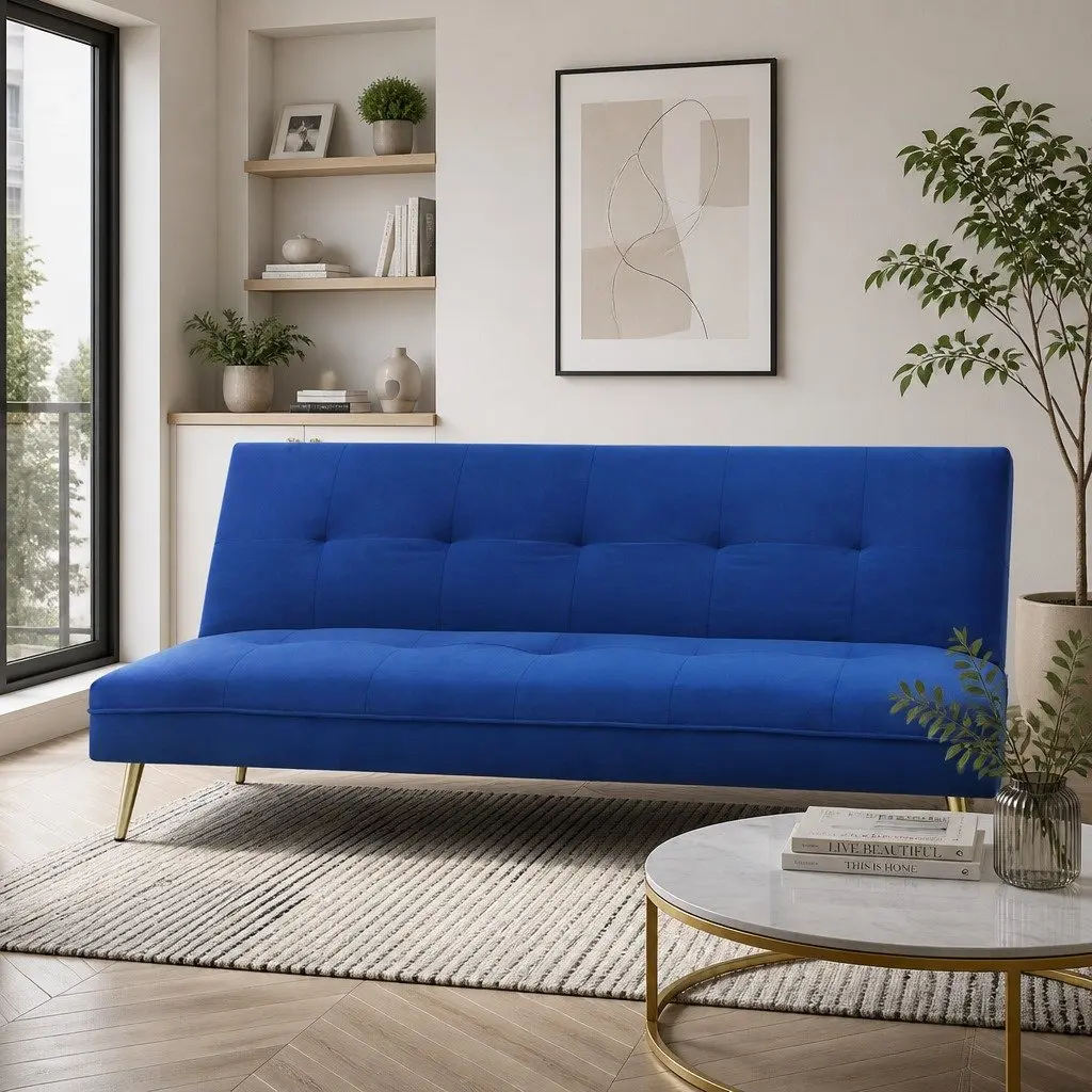 3 Seater Sofa Bed Convertible Velvet Adjustable Backrest Deep Blue