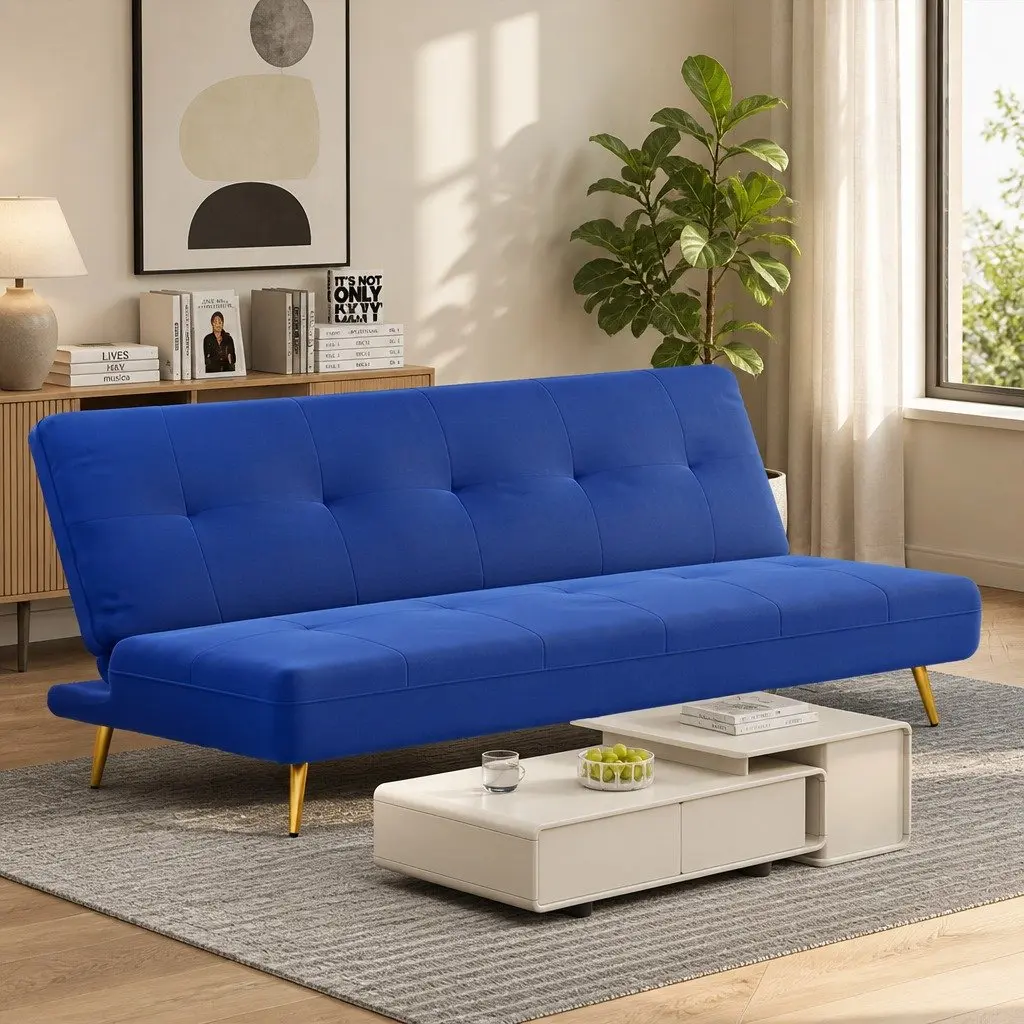 3 Seater Sofa Bed Convertible Velvet Adjustable Backrest Deep Blue