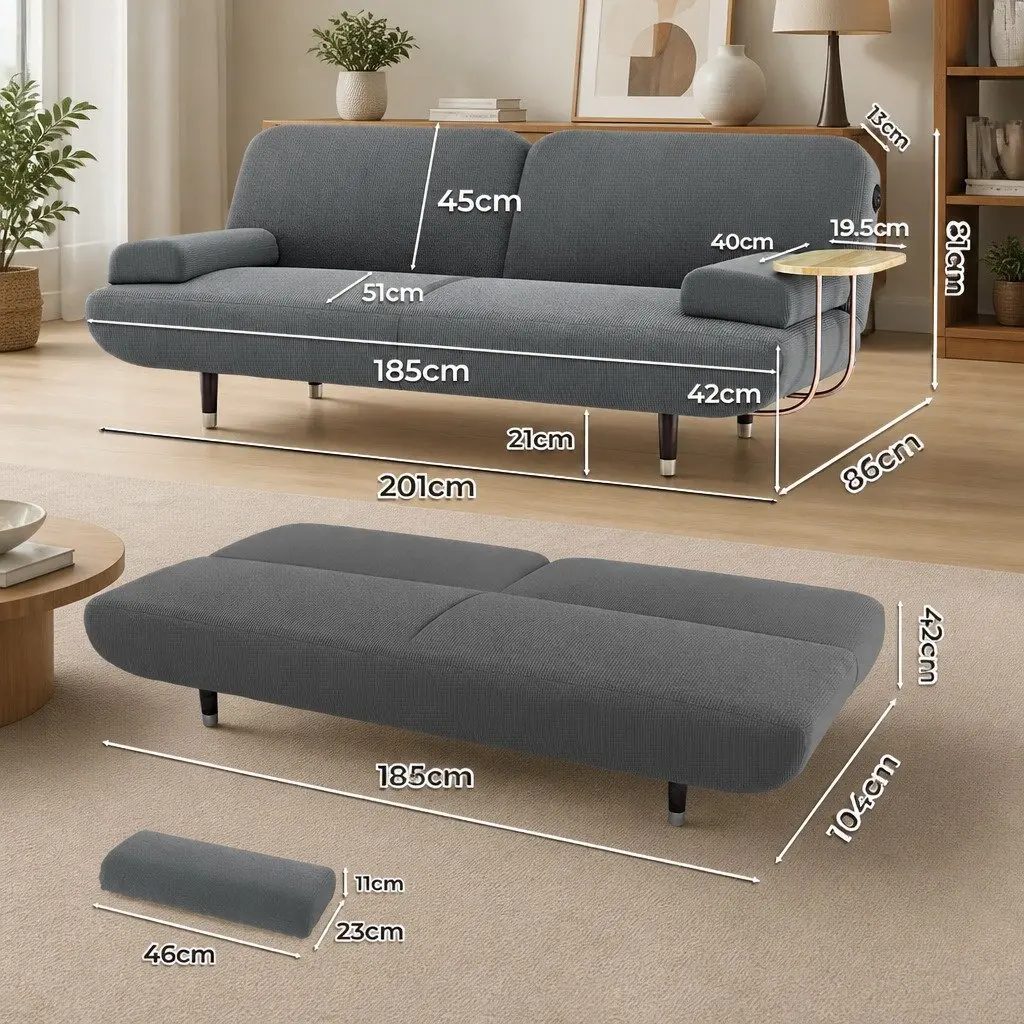 Convertible Sofa Bed Adjustable Backrest 3-Seater Grey