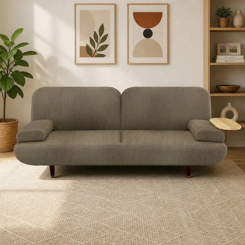 Convertible Sofa Bed 3 Seater Adjustable Backrest Corduroy Fabric with USB Charging Port and Removable Side Table