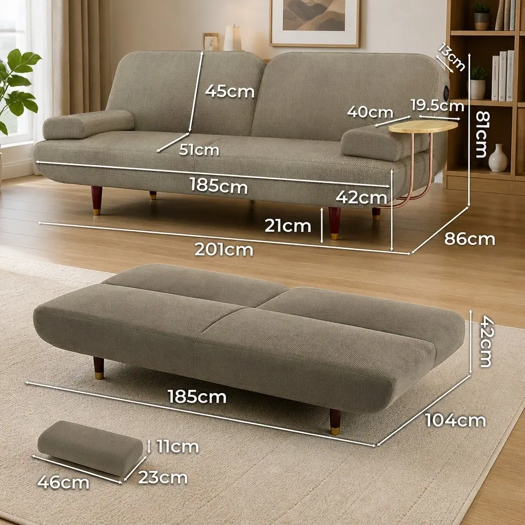 Convertible Sofa Bed 3 Seater Adjustable Backrest Corduroy Fabric with USB Charging Port and Removable Side Table