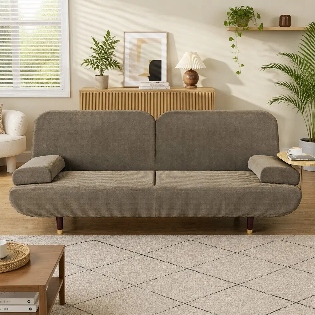 Convertible Sofa Bed 3 Seater Adjustable Backrest Corduroy Fabric with USB Charging Port and Removable Side Table