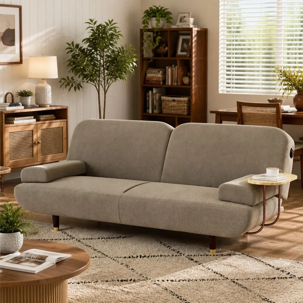 Convertible Sofa Bed 3 Seater Adjustable Backrest Corduroy Fabric with USB Charging Port and Removable Side Table