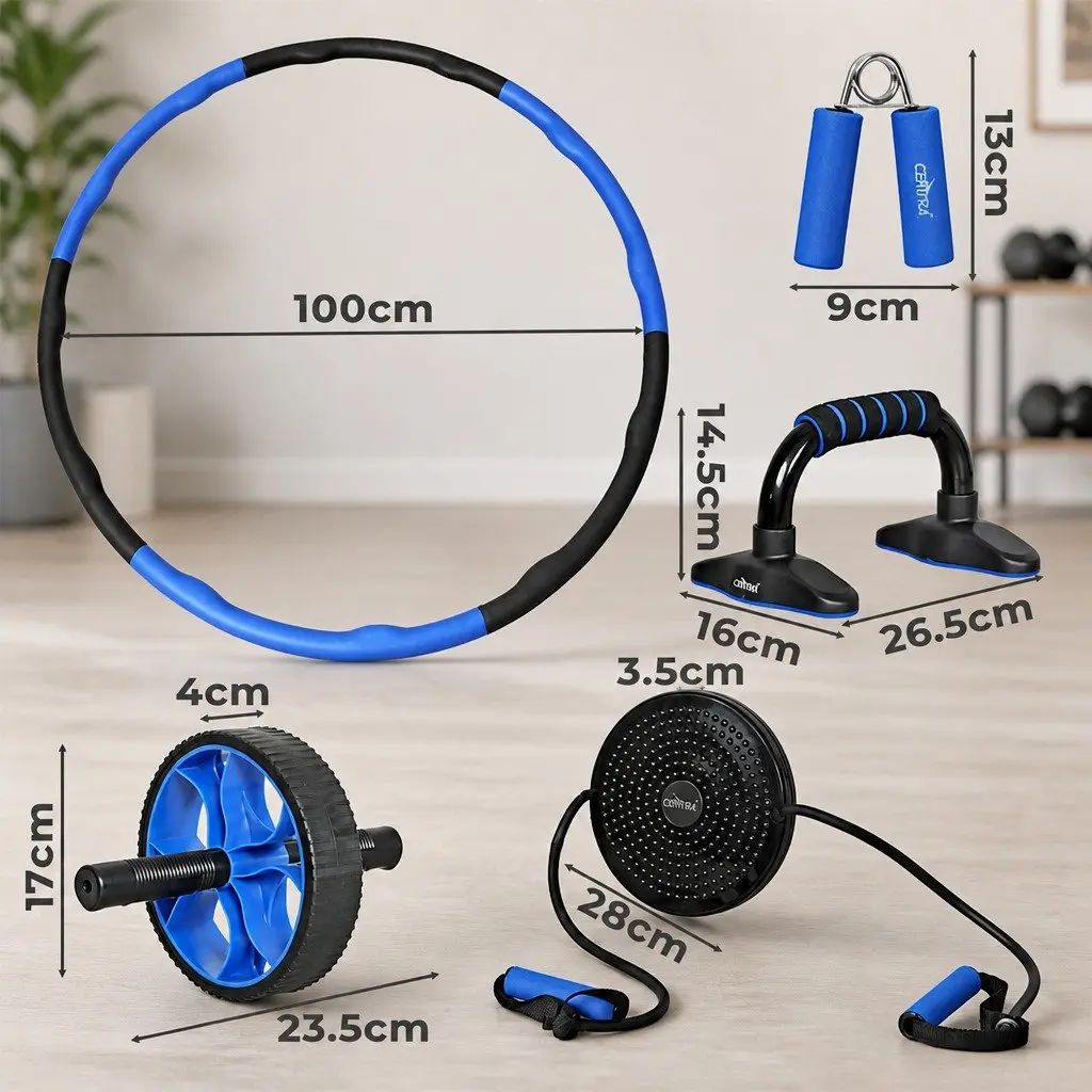 Exercise Roller Wheel Set 5-in-1 Ab Wheel Hula Hoop Push-Up Bars Hand Grippers Portable Lightweight Fitness Equipment