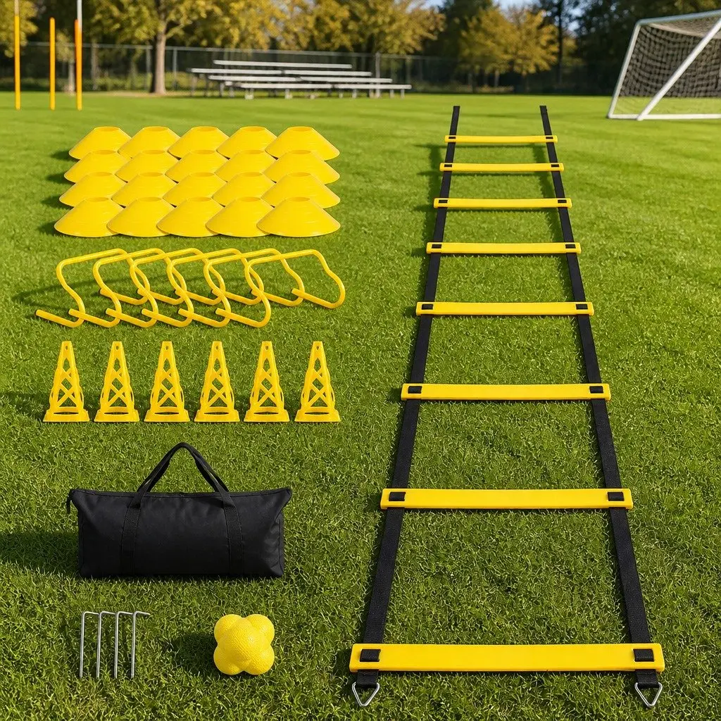 39 Piece Speed Agility Training Kit Adjustable Ladder Hurdles Cones Reaction Ball