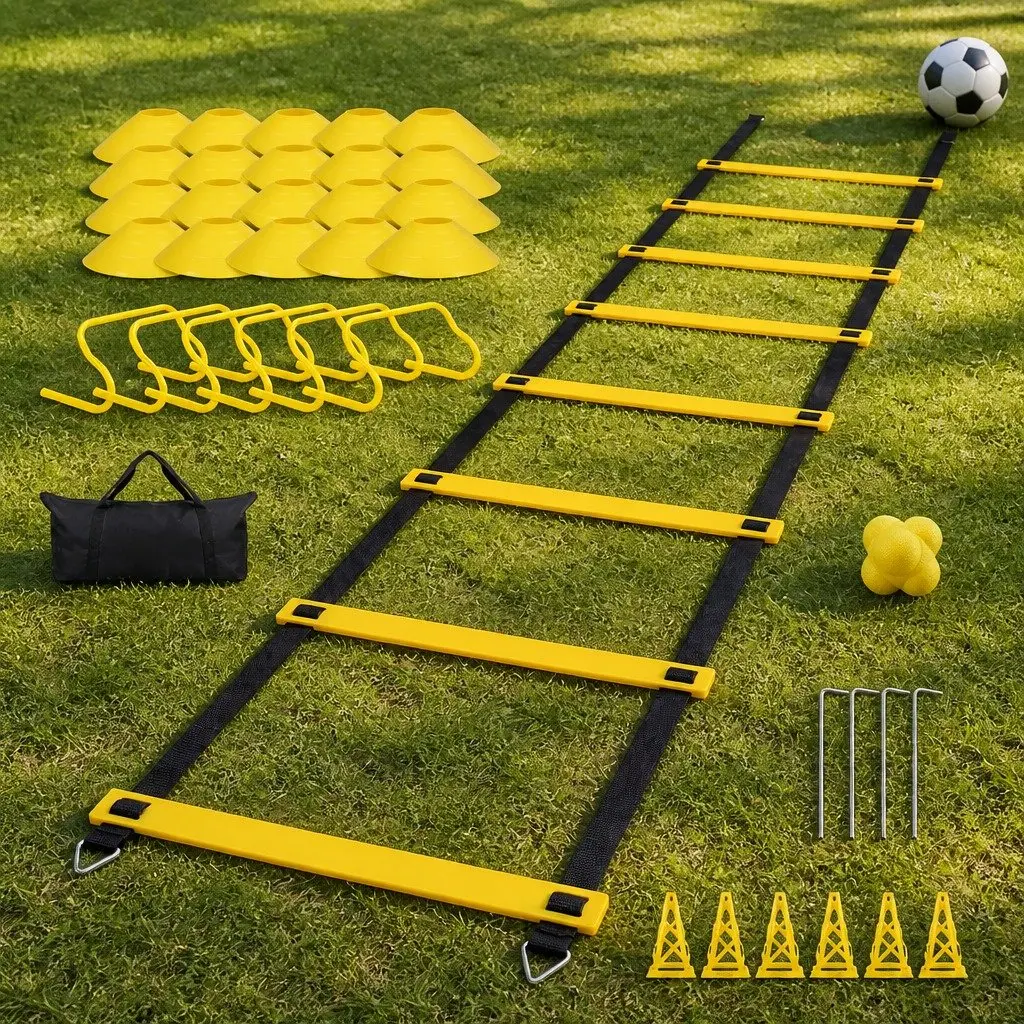 39 Piece Speed Agility Training Kit Adjustable Ladder Hurdles Cones Reaction Ball