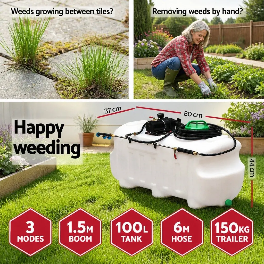 Weed Sprayer 100L Tank Trailer 1.5M Boom Adjustable Height Self-Priming Pump