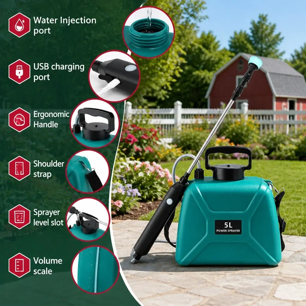 Electric Weed Sprayer USB Rechargeable 5L Garden Shoulder Sprayer