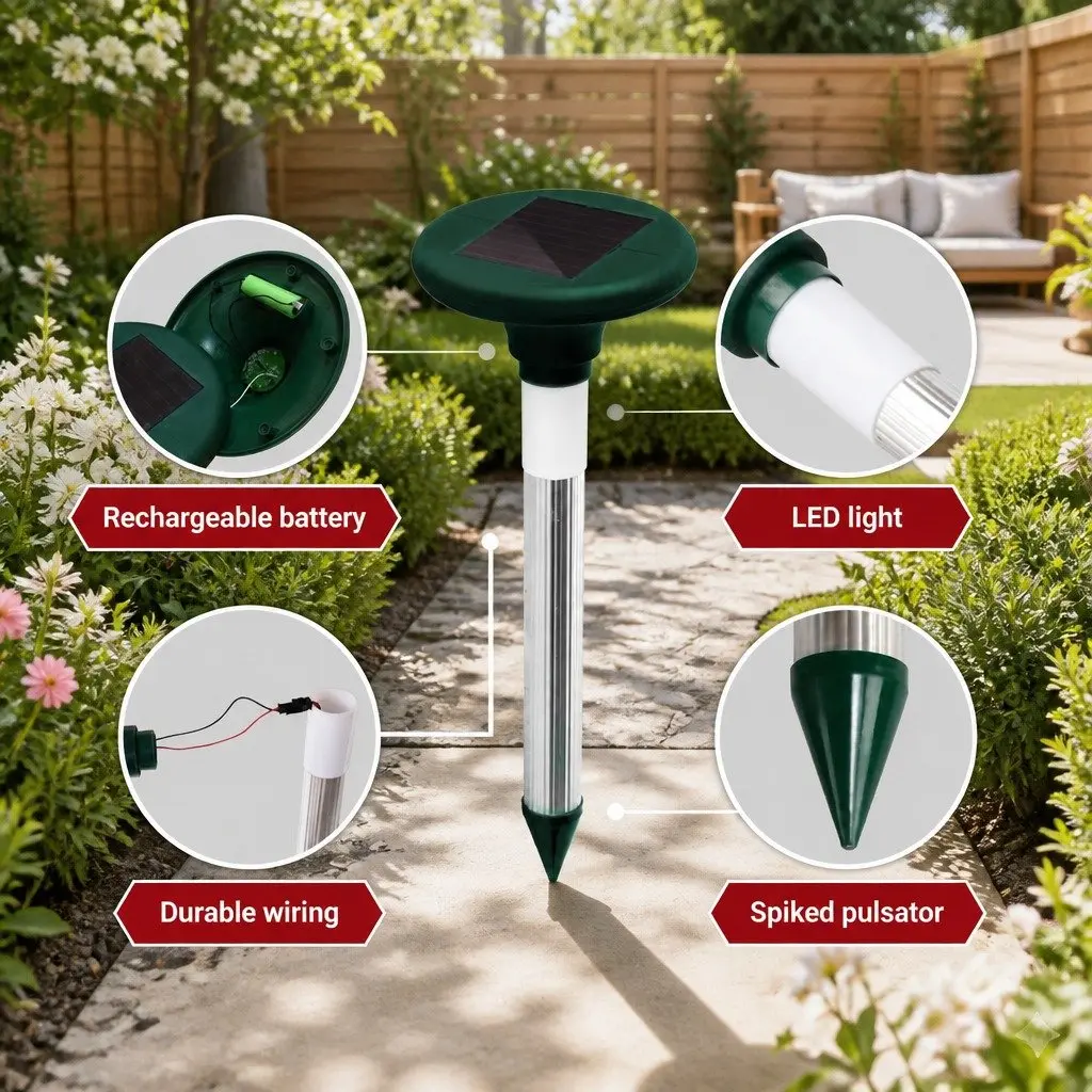 Solar LED Snake Repeller Ultrasonic Pest Rodent Deterrent 4 Piece