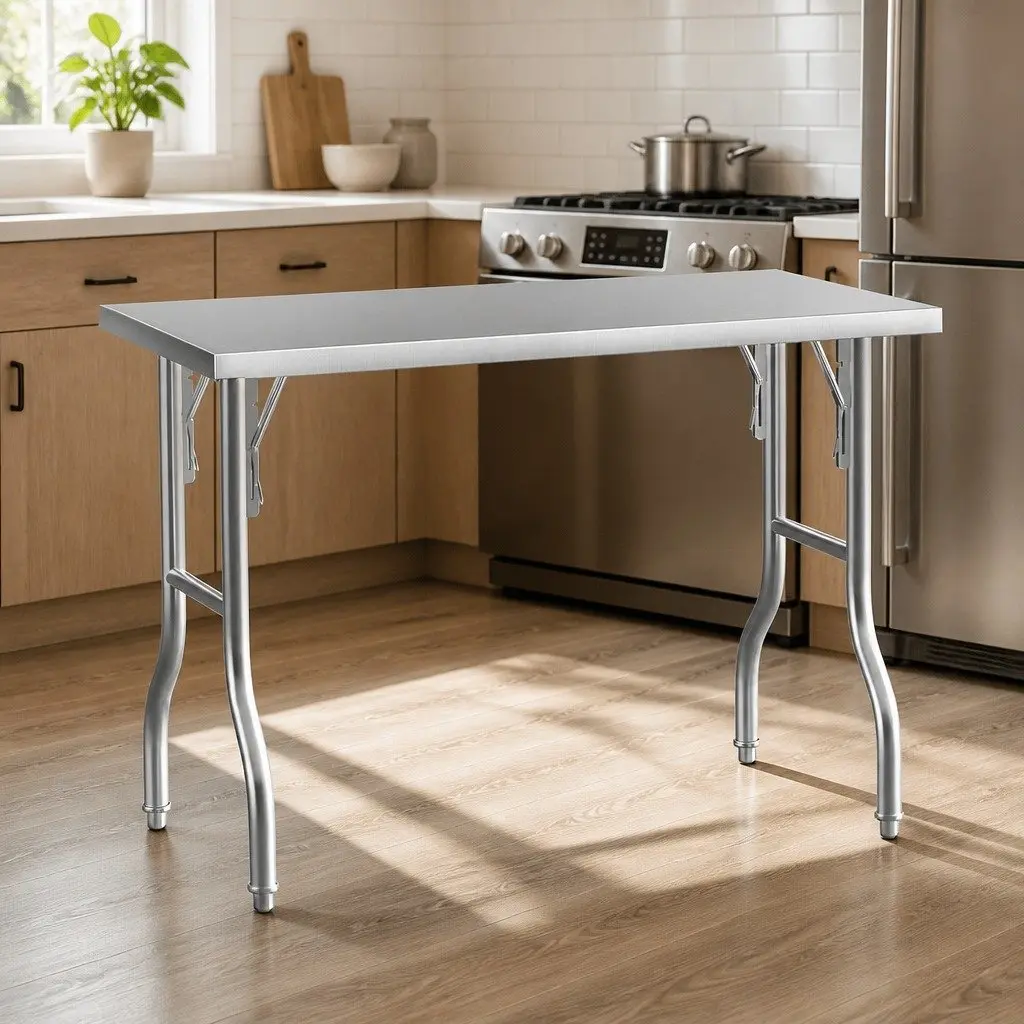 Stainless Steel Work Bench Foldable Food Prep Table Adjustable Feet 122 x 61 x 89 cm
