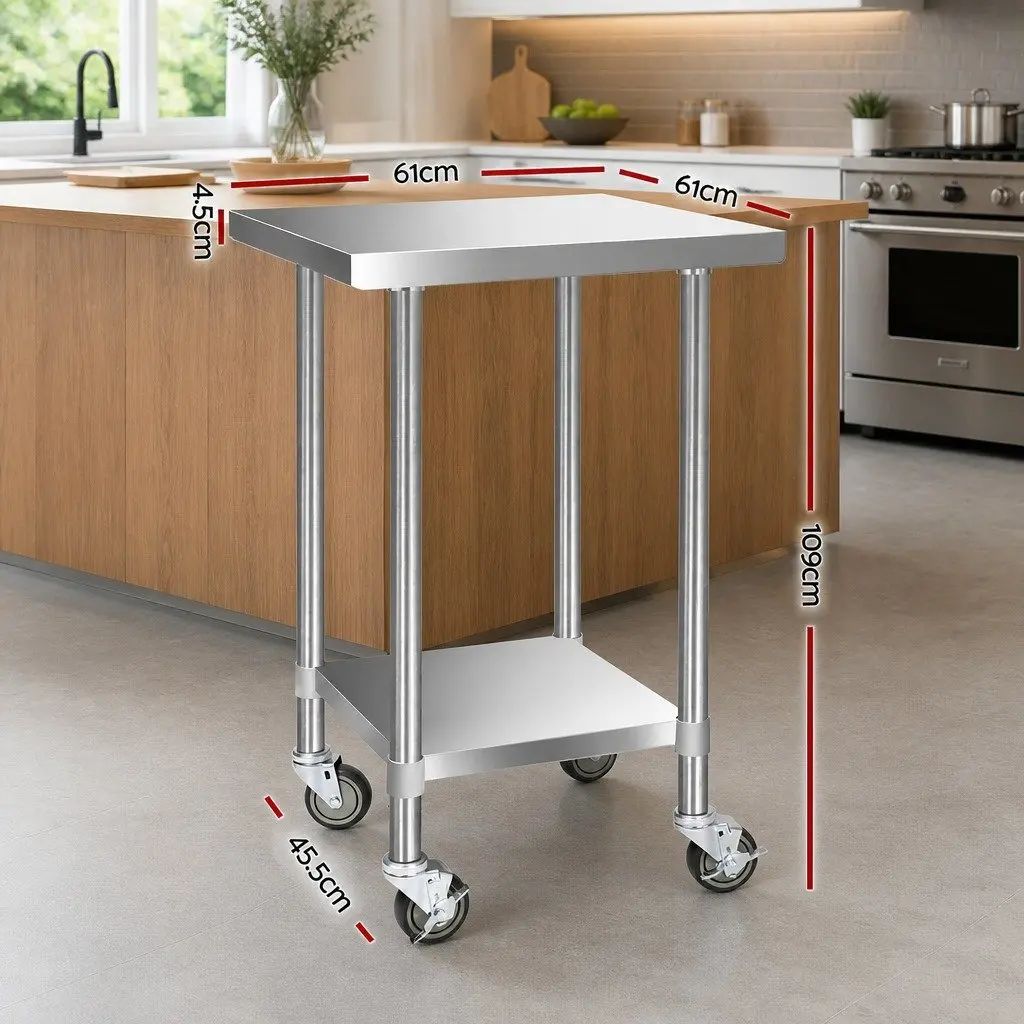 Stainless Steel Mobile Kitchen Trolley with Lockable Castor Wheels 610x610mm