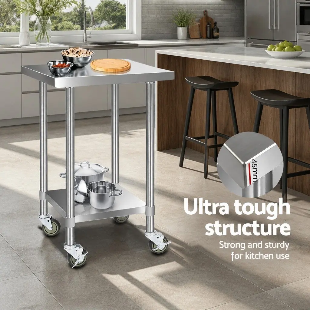 Stainless Steel Mobile Kitchen Trolley with Lockable Castor Wheels 610x610mm