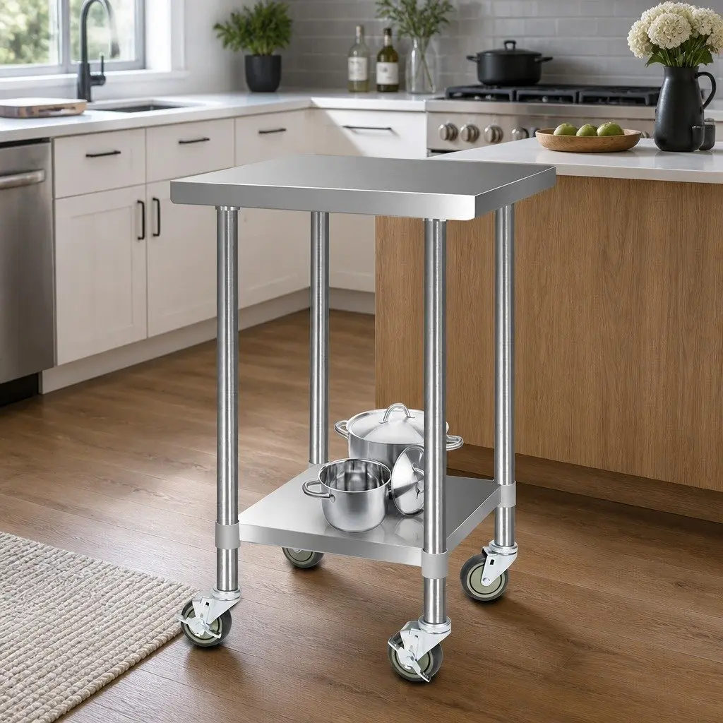 Stainless Steel Mobile Kitchen Trolley with Lockable Castor Wheels 610x610mm