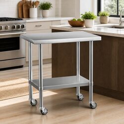 Stainless Steel Kitchen Work Bench with Wheels Adjustable Shelf 91x61cm