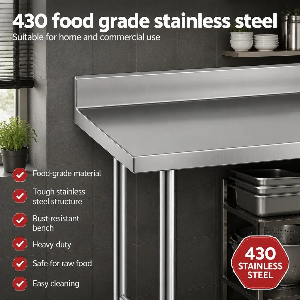 Stainless Steel Kitchen Work Bench 1500x600mm Splashback Undershelf Prep Table