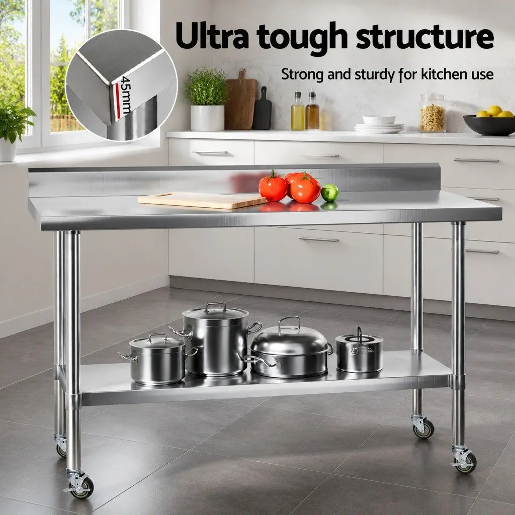 Stainless Steel Kitchen Work Bench 1500x600mm Splashback Undershelf Prep Table