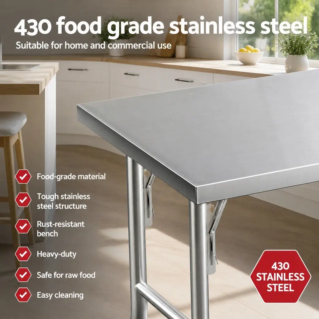 Stainless Steel Kitchen Work Bench Foldable Legs 122x61cm