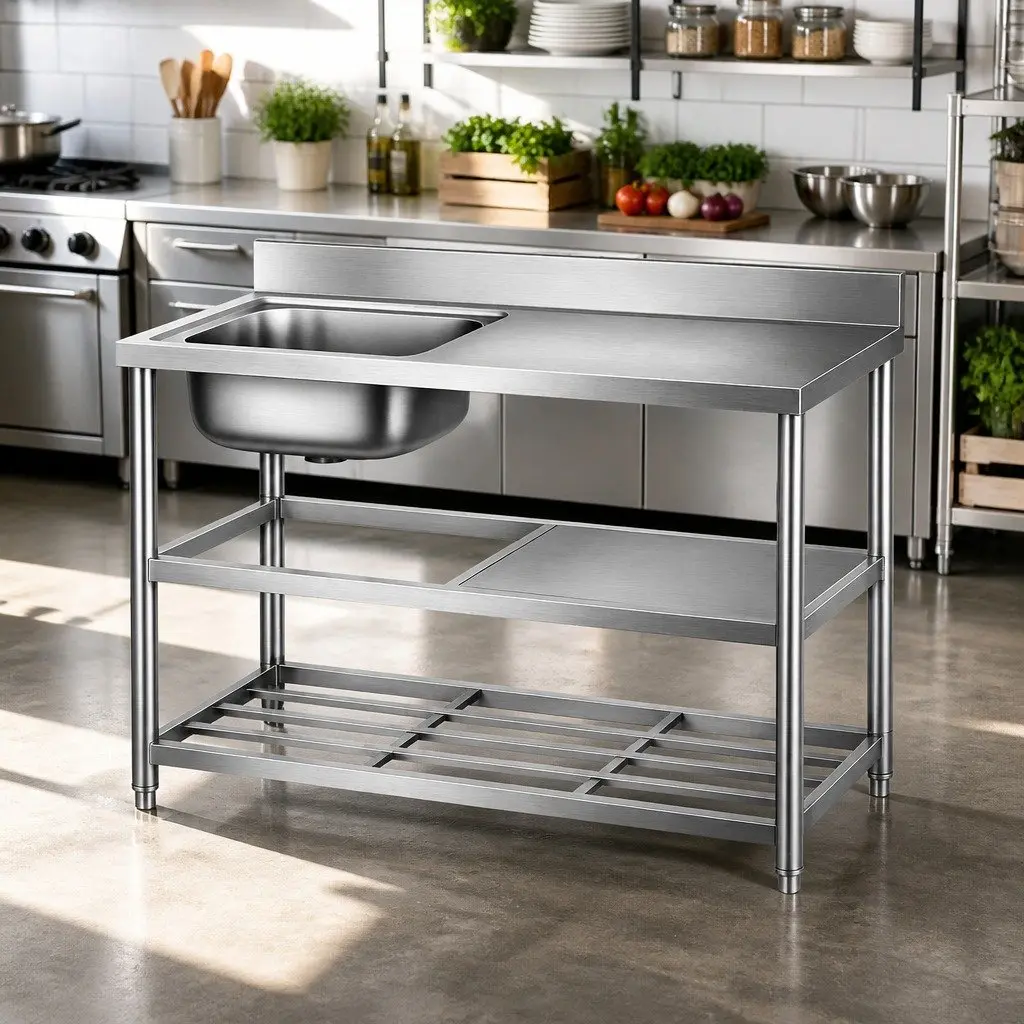Stainless Steel Kitchen Bench Work Table 120cm with Sink and Splashback Prep
