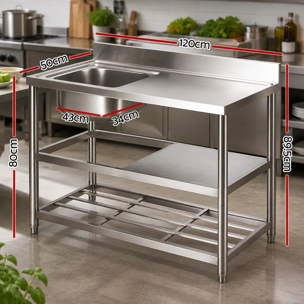 Stainless Steel Kitchen Bench Work Table 120cm with Sink and Splashback Prep