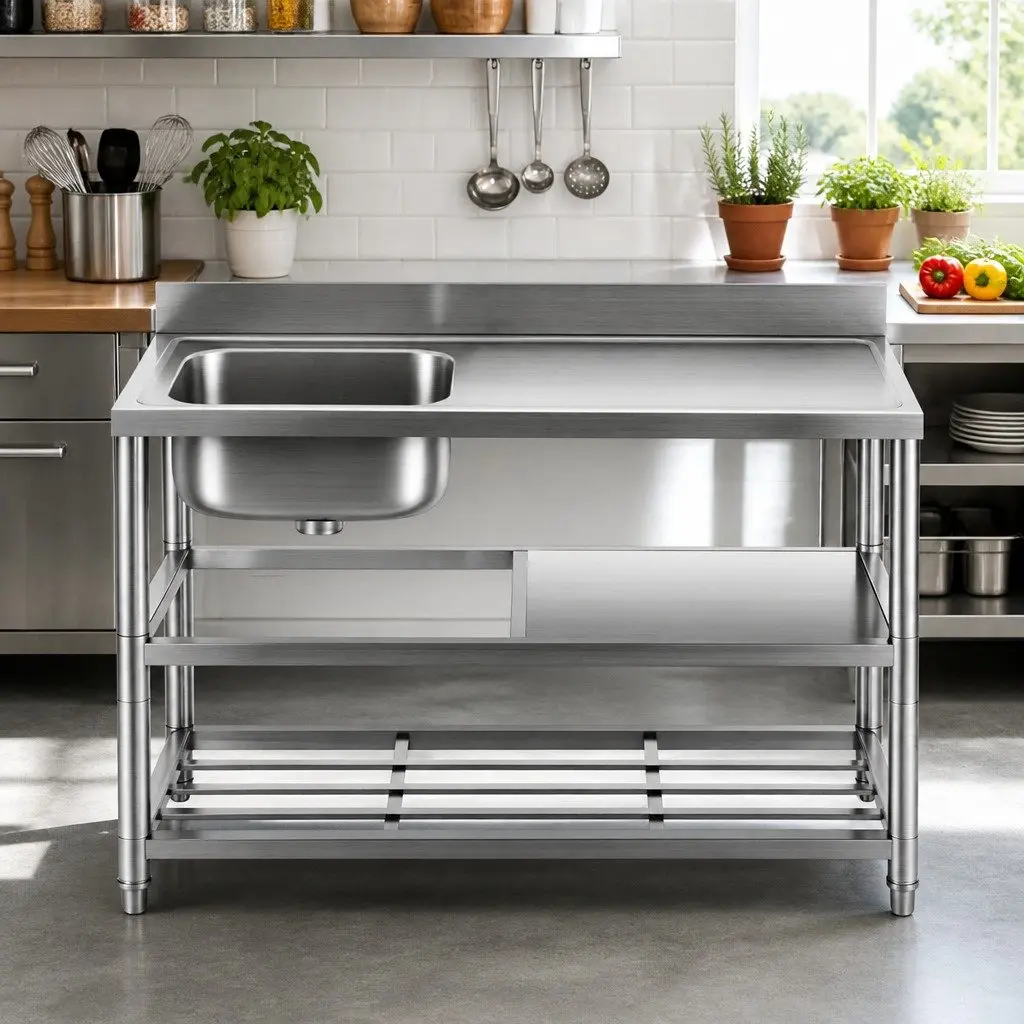 Stainless Steel Kitchen Bench Work Table 120cm with Sink and Splashback Prep