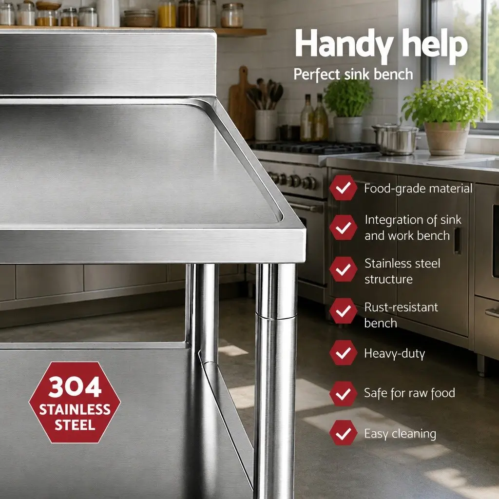 Stainless Steel Kitchen Bench Work Table 120cm with Sink and Splashback Prep
