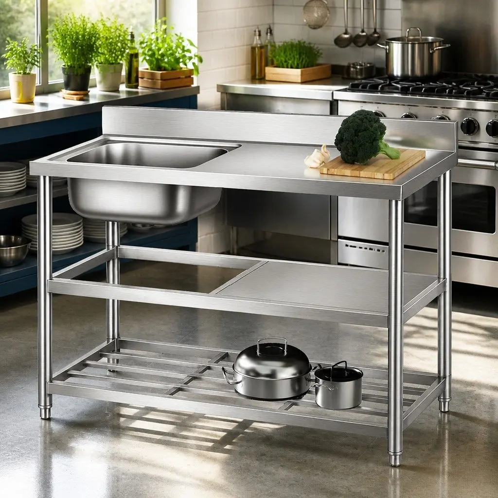 Stainless Steel Kitchen Bench Work Table 120cm with Sink and Splashback Prep
