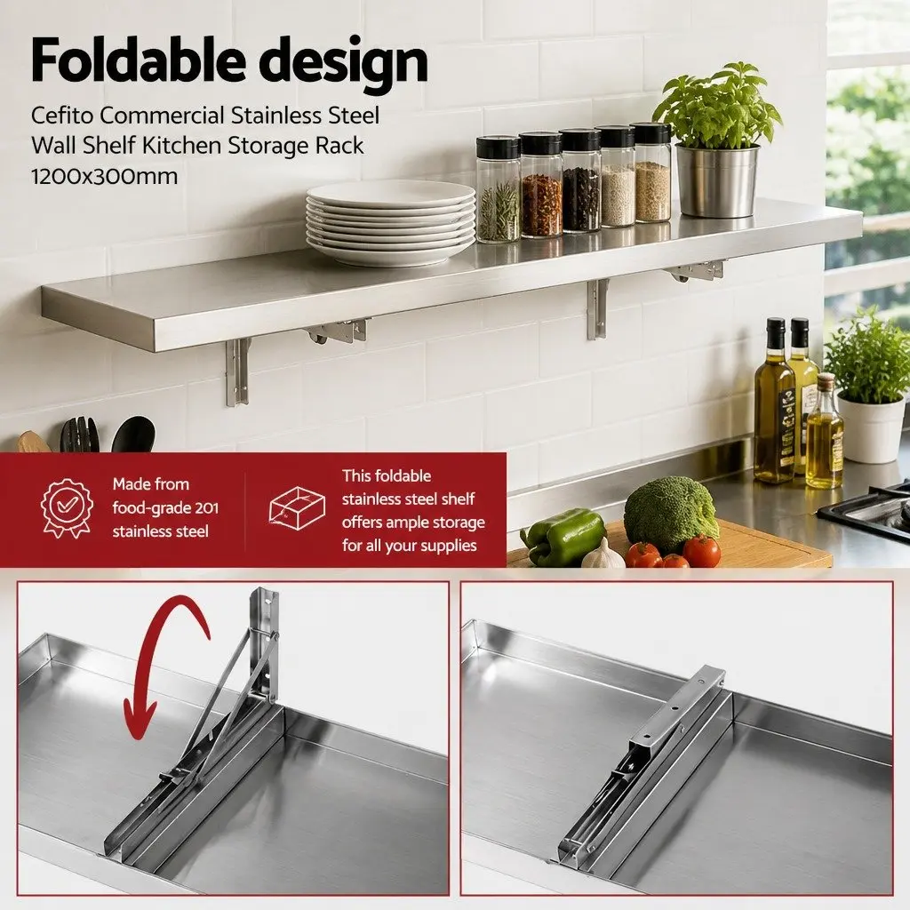 Wall Shelf Stainless Steel Foldable Kitchen Storage Rack 1200x300mm