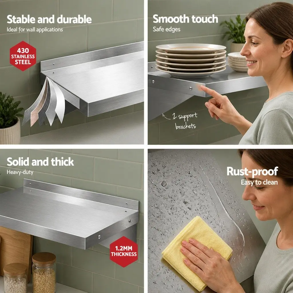 Stainless Steel Kitchen Wall Shelf 900mm Heavy-duty Rust-proof Mounted Rack