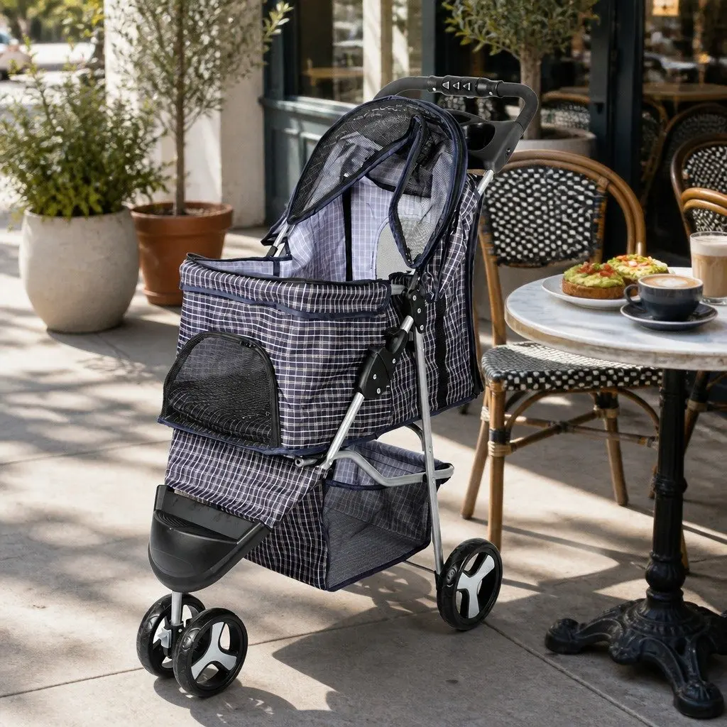 Pet Stroller Foldable Plaid Large Size One-Step Fold 360° Rotatable Wheel