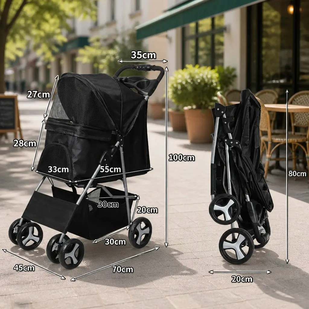 Pet Stroller Foldable Portable 4 Wheels Black
