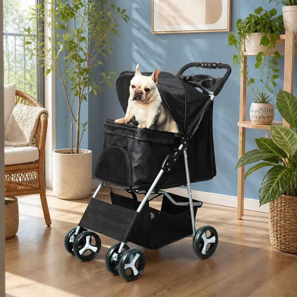 Pet Stroller Foldable Portable 4 Wheels Black